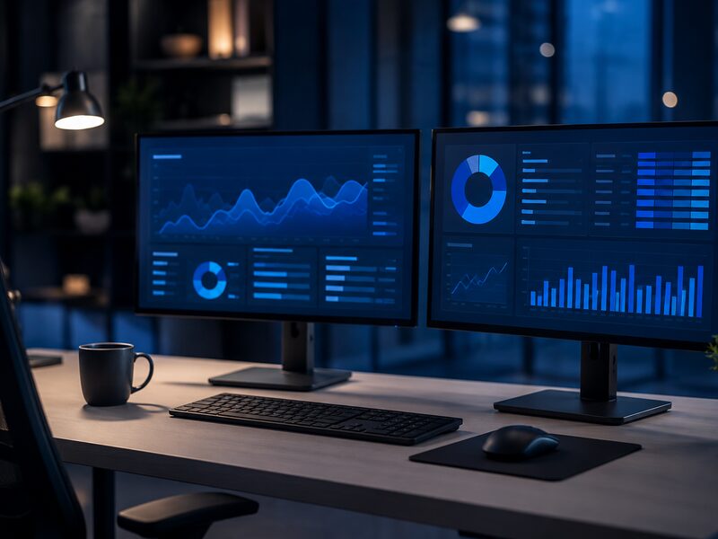 Dual monitors showing business dashboards and analytics