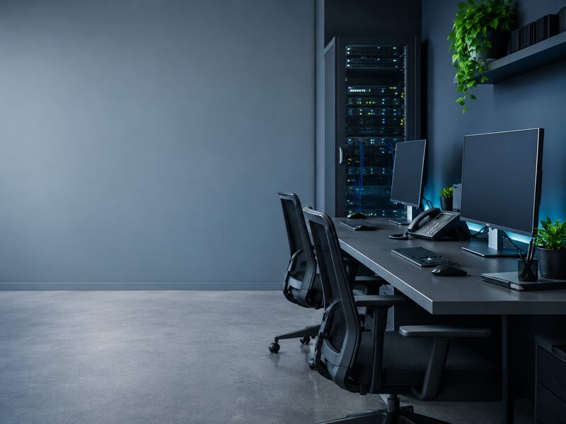 Small-business workstations beside a server rack