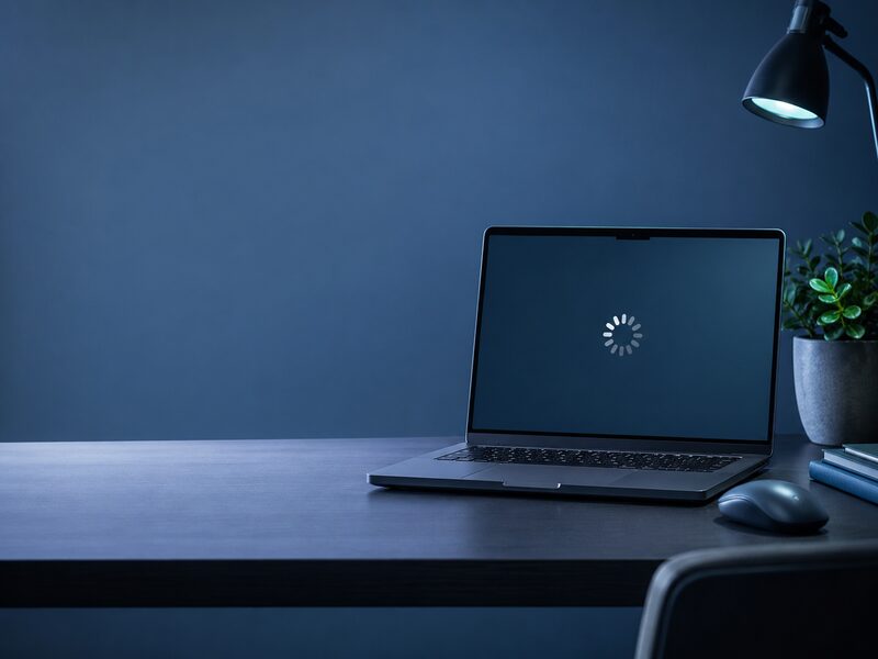 Laptop on a desk showing a loading spinner, indicating a slow computer