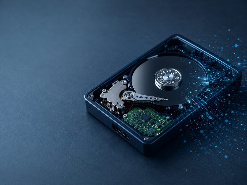 Open hard drive with data dispersing into light particles