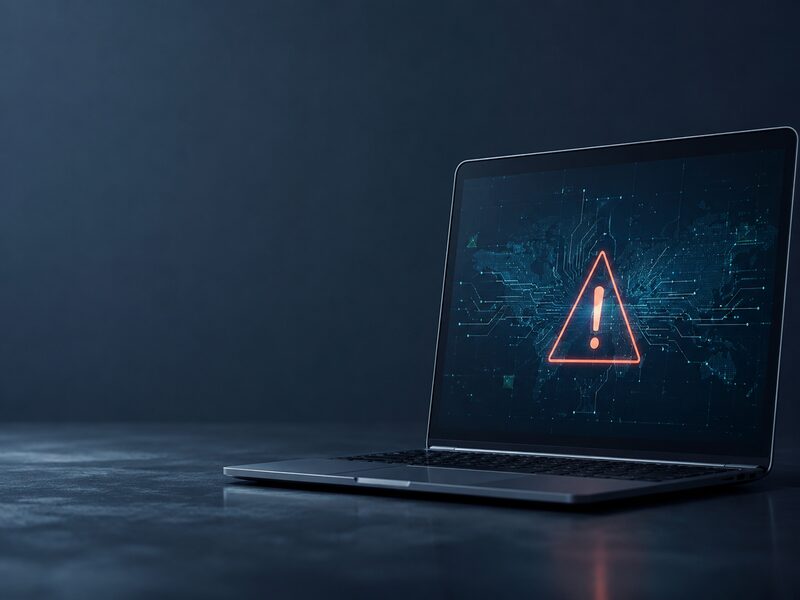 Laptop screen showing a red warning triangle for a security threat