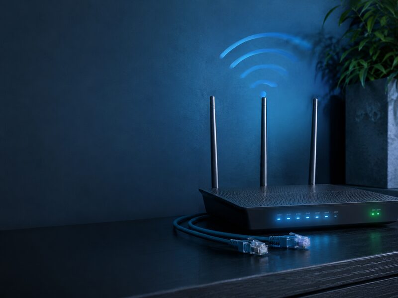 Wi-Fi router with glowing signal waves and a network cable