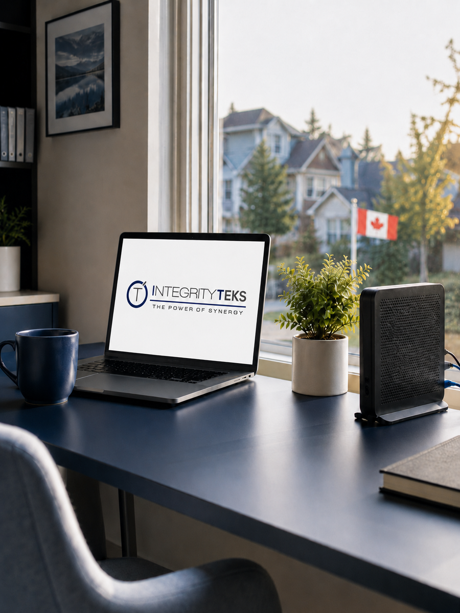 Home-office desk with the IntegrityTeks logo on the laptop screen