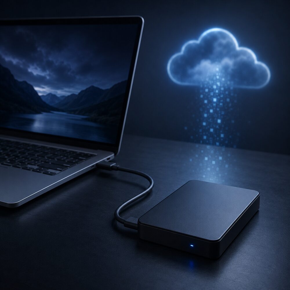 External backup drive beside a laptop