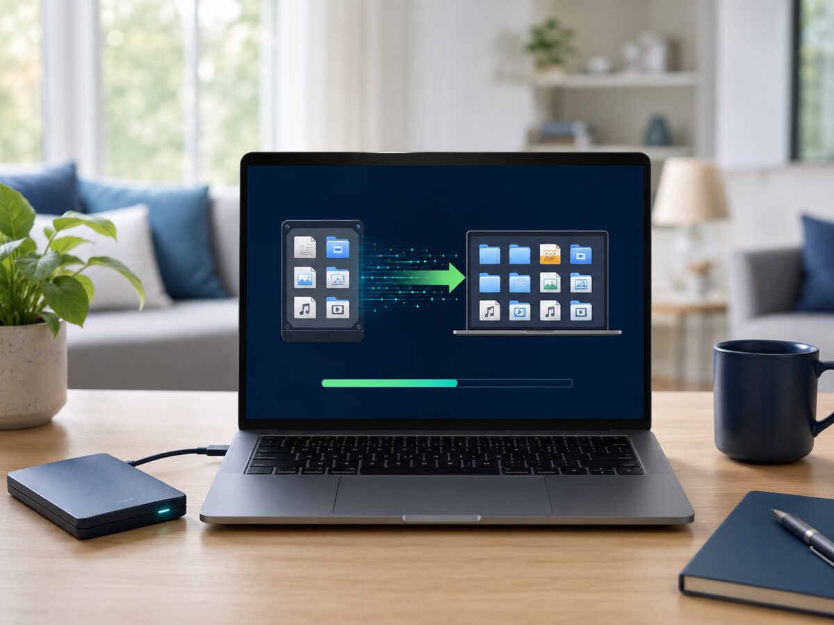 Laptop screen showing file transfer and data recovery