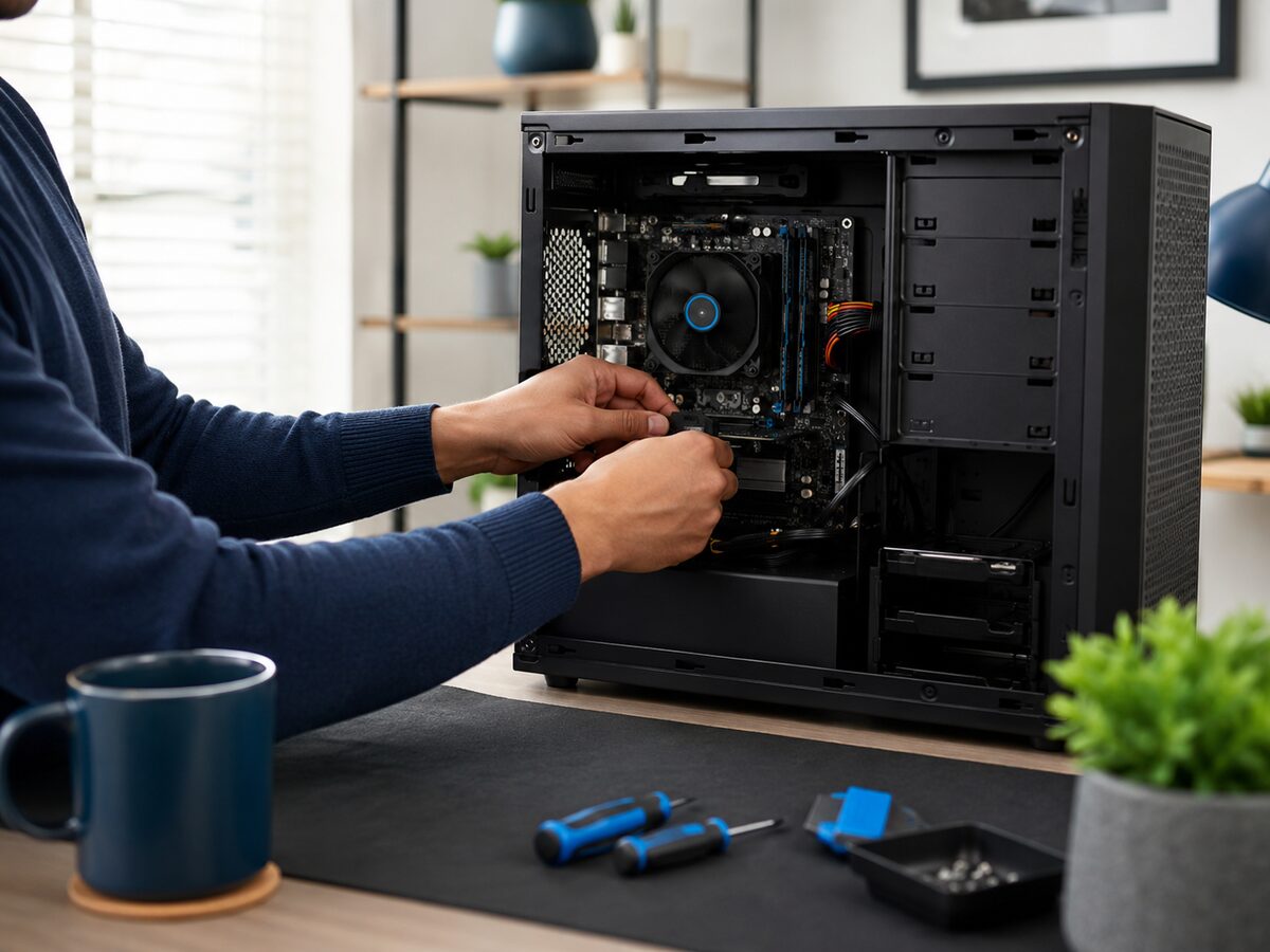Technician repairing an open desktop computer tower