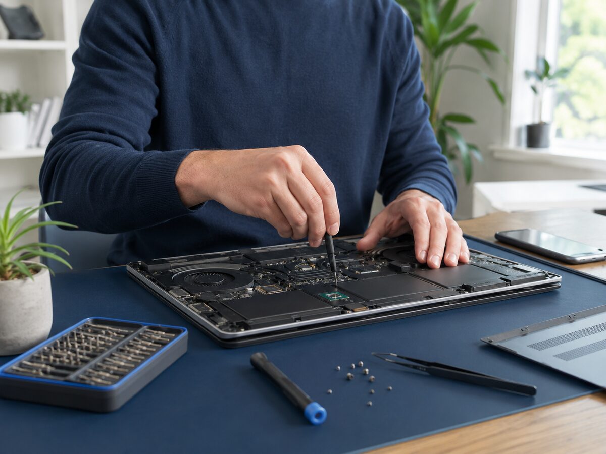Technician repairing an open laptop at a home workbench