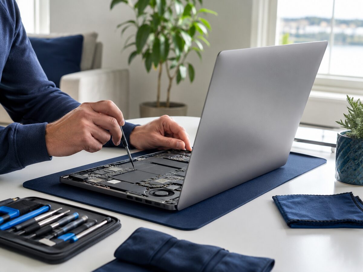 Technician repairing an open MacBook on a desk