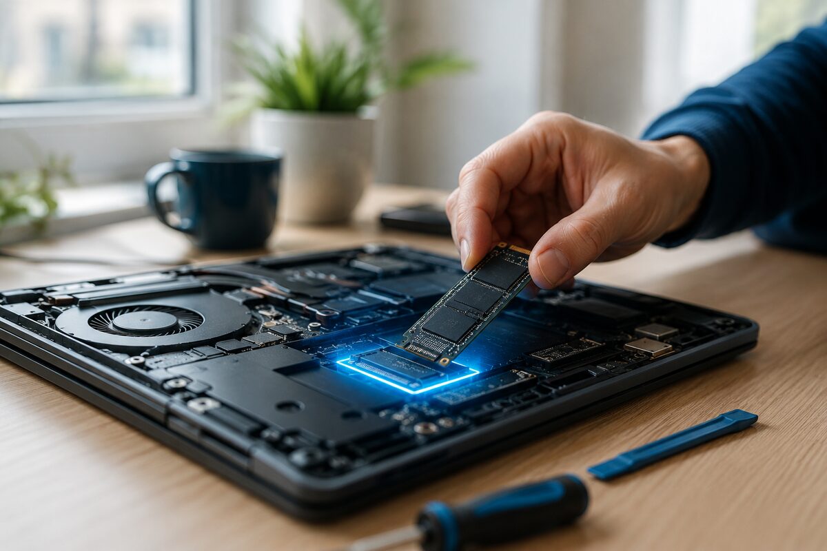 SSD upgrade being installed in an open laptop