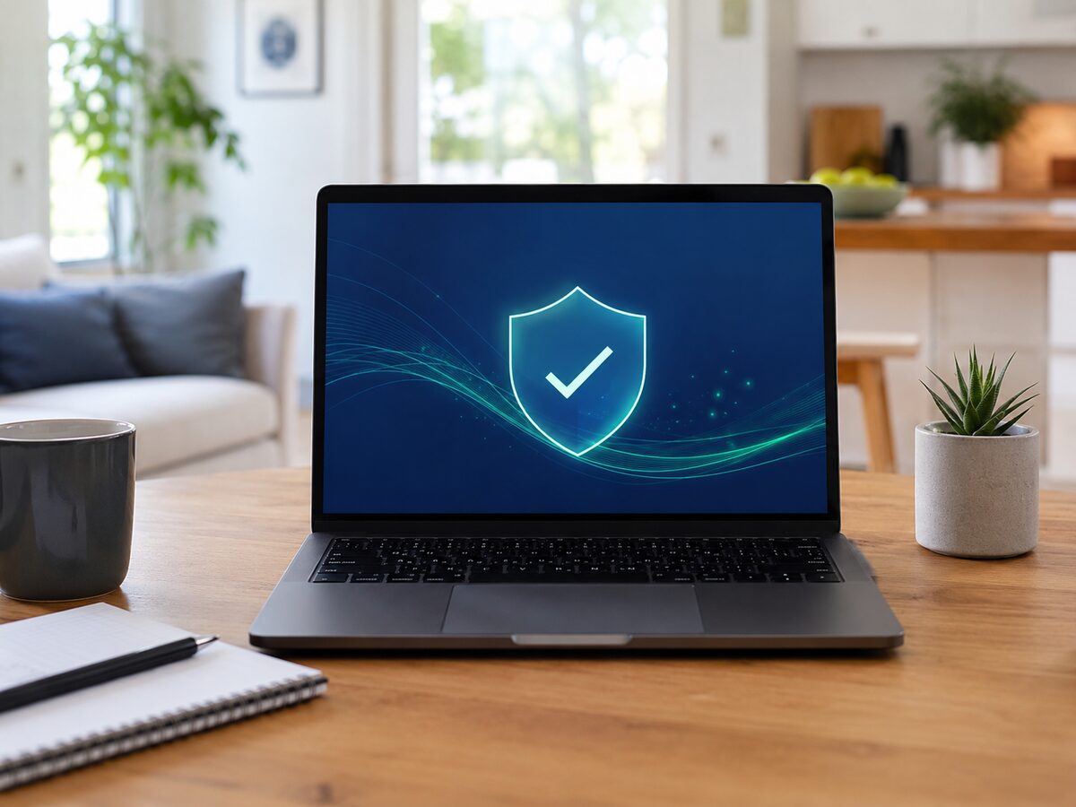 Laptop showing a shield icon for virus removal and security