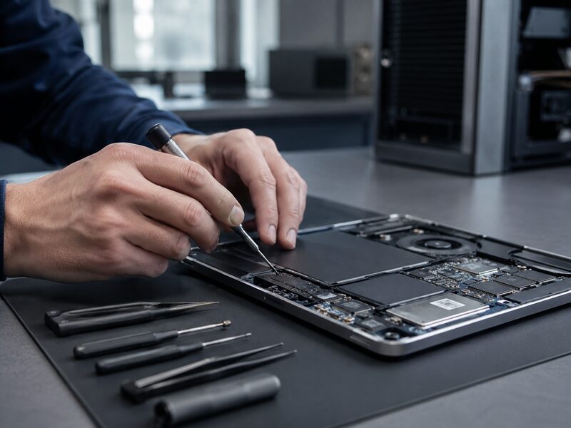 Technician repairing a desktop computer on a workbench