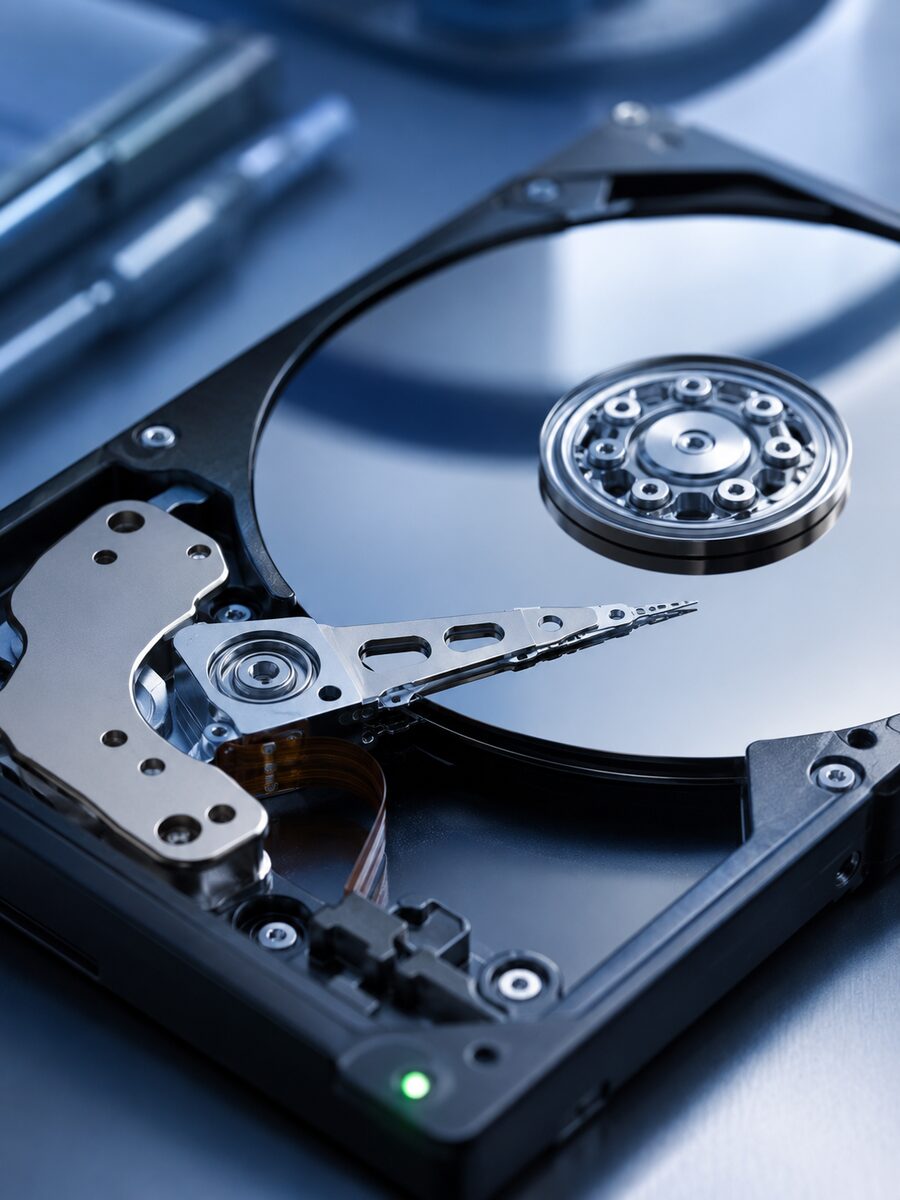 Technician recovering data from an opened hard drive