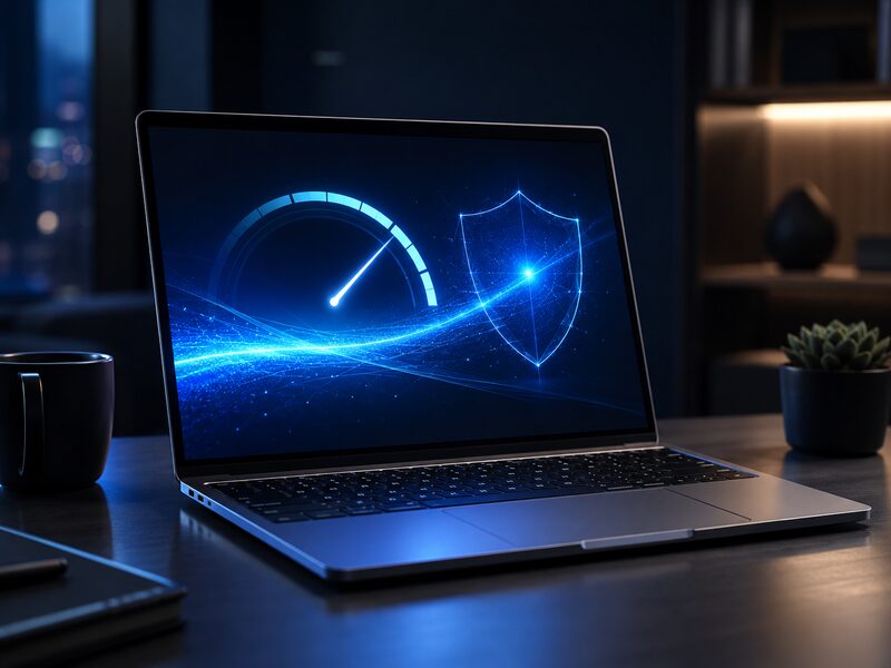 Laptop on a desk displaying a performance speed gauge and a security shield