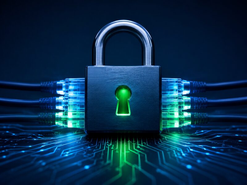 Metal padlock on a circuit board representing system security and protection